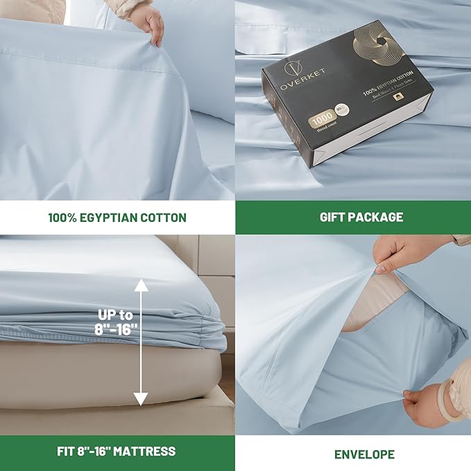 100% Egyptian Cotton Sheets Cal King Sheet Set 1000 Thread Count Sateen Weave Soft Breathable 16-Inch Deep Pocket 4PCS（California King,Light Blue）