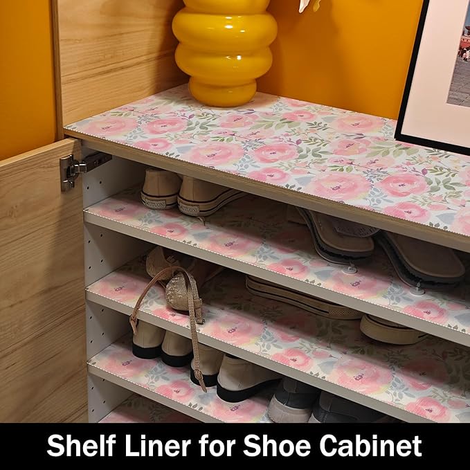 Peach Peony Shelf and Drawer Liner 12IN x 20FT,Non-Adhesive and Strong Non-Slip Floral Cabinet Drawer Liners for Kitchen Shelf, Waterproof Cupboard Liners,Easy to Clean