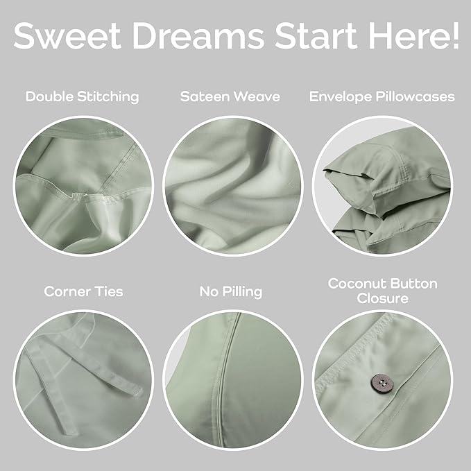 Duvet Cover Set - 100% Viscose Derived from Bamboo Duvet Cover King Size, 3 PC Luxury Cooling Duvet Cover for Hot Sleepers, Silky Buttery Soft Comforter Cover & 2 PC King Pillowcases, Sage