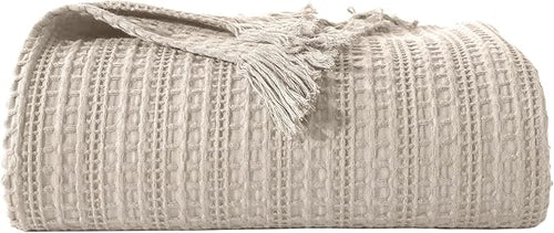 100% Cotton Waffle King Blanket with Fringe 104"x90", Pre-Washed Waffle Weave Blanket for All Season, Lightweight Breathable Soft Cozy Throw Blanket for Couch, Bed, Travel (Beige)