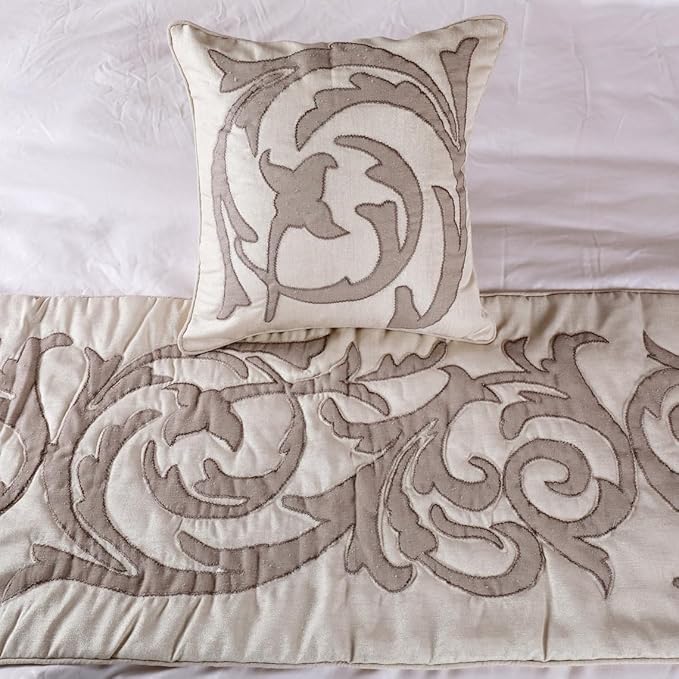 The HomeCentric Handmade Ivory & Beige King 90 x 18 inch Bed Runner with 2 Matching Pillow Cover, Linen Lurex Applique Bed Scarf, Abstract Modern - Pretty Dainty