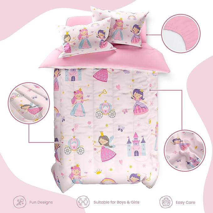 SANDJEST Princess Comforter Set Full Size 98x86in for Kids Girls, Microfiber Bedding Set 4 Pcs Includes 1 Comforter, 2 Pillowcases, 1 Fitted Sheet, Nursery Room Decor Christmas Birthday
