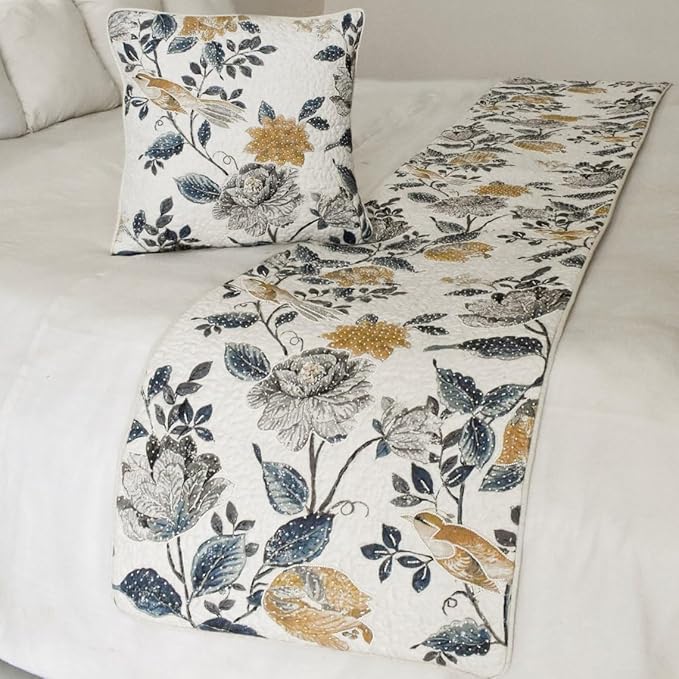 The HomeCentric King/Queen/Twin Blue & Ivory Decorative CA King 86"x18" Bed Runner with 2 Pillow Cover, Bird, Pearl & Quilted Bed Scarf on Linen Fabric - Vintage Birdena