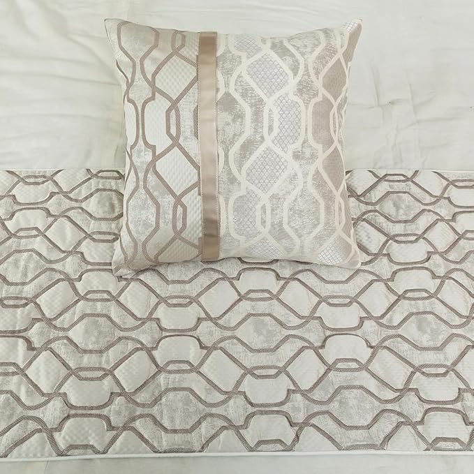 The HomeCentric King/Queen/Twin Ivory & Silver Decorative King 90"x18" Bed Runner Without Pillow Cover, Lattice & Quilted Bed Scarf on Jacquard Silk Fabric - Ivory Delicacy