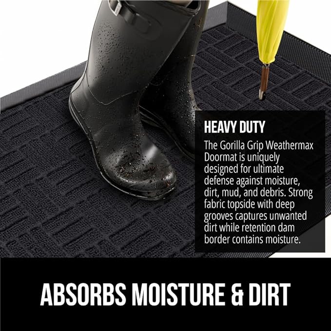 GORILLA GRIP 100% Waterproof All-Season WeatherMax Doormat US Designed Natural Rubber, Stain and Fade Resistant, Low Profile Indoor Outdoor Door Mats, Easy Clean Patio Mat, 17x29, Midnight Maze