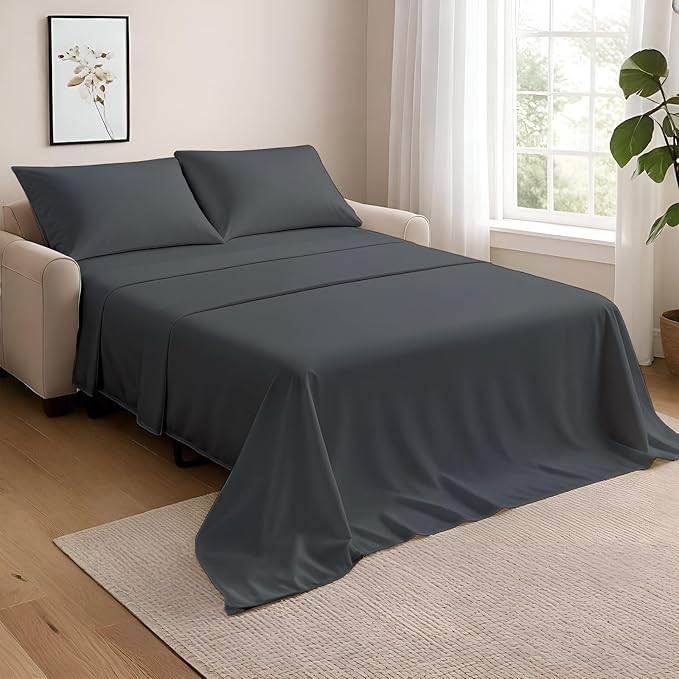 NON Sticky cotton Twin Size Sleeper Sofa Sheets, 4 Piece Egyptian Cotton Bed Sheet Set for Sofa Bed, 10" Deep Pocket for Pull Out Couch Mattress, 39" x 75", Dark Grey Solid, Soft & Breathable