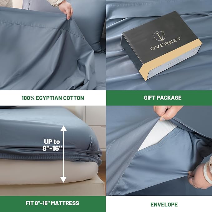 100% Egyptian Cotton Sheets Cal King Sheet Set 4PCS 1000 Thread Count Sateen Weave Soft Breathable 16-Inch Deep Pocket（California King,Dusty Blue）