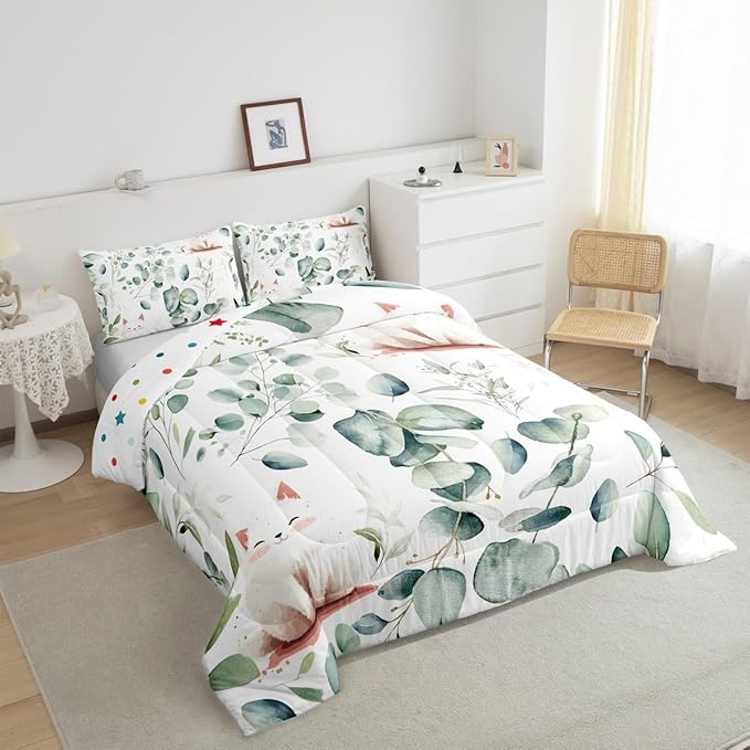 Erosebridal Kawaii Cat Bedding King Size for Boys Girls Cartoon Animal Comforter Set King, Eucalyptus Leaves Duvet Insert Pet Kitten Quilt Set, Tropical Botanical Plants Bedding Comforters & Sets