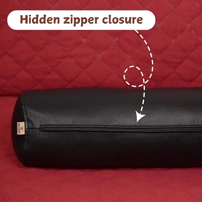 Neck Roll Pillow Cushion Cover, 20x7 Inch Full Moon Round Bolster Pillow Case, Cylinder Soft Lambskin Leather Pillowcase for Head, Spine & Neck Support During Sleep - Black Pack of 2