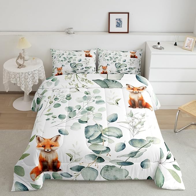 Erosebridal Girls Cartoon Animal Toddler Comforter Set for Kids Toddler Kawaii Fox Bedding Set, Woodland Wildlife Bedding Comforter Sets Jungle Wild Fox Duvet Set, Green Eucalyptus Quilted Comforter