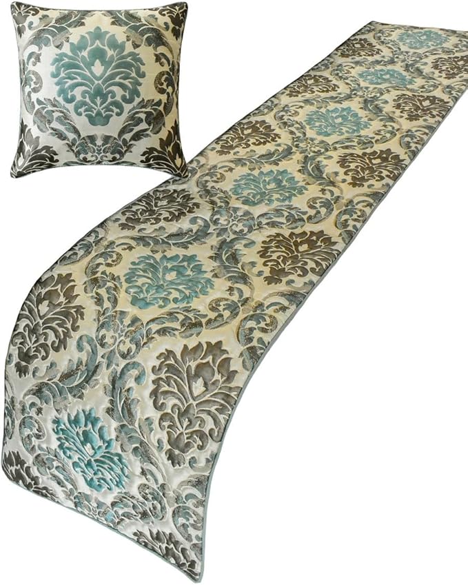 The HomeCentric King/Queen/Twin Blue Decorative Full 68"x18" Bed Runner with Pillow Cover, Damask Bed Scarf on Jacquard Fabric - Royal Elegance