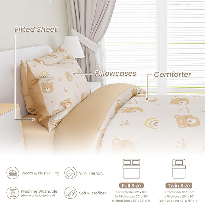 SANDJEST Bear Comforter Set Full Size 98x86in for Kids Boys Girls Unisex, Microfiber 4 Pcs Bedding Set Includes 1 Comforter, 2 Pillowcases, 1 Fitted Sheet, Nursery Room Decor