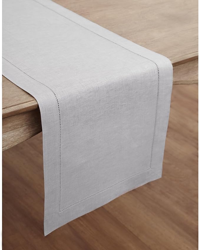 Solino Home Linen Soft Grey Table Runner 120 Inches Long - 100% Pure Linen Hemstitch 14 x 120 Inch Table Runner for Dining, Christmas, New Year - Classic Hemstitch
