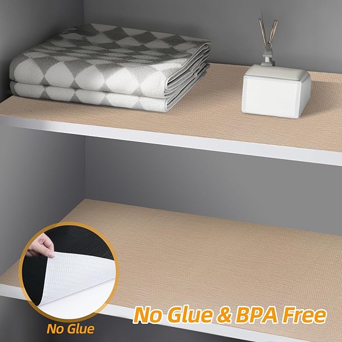 Shelf and Drawer Liner for Kitchen Cabinets Non-Adhesive, Strong Grip Non-Slip Thickened Cabinet Liners for Shelves, Waterproof Mats for Dresser Cupboard, Khaki, 12 in x 30 Feet