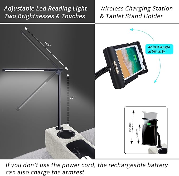 Multifunctional Removable Sofa Armrest with Cup Holder, Couch Armrest with Wireless Charge Stand, Couch Caddy with Storage,Equipped with LED Reading Light, Almond