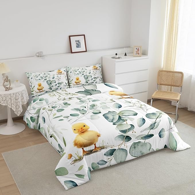 Erosebridal Kids Cute Animal Bedding Queen Size for Girls Boys Cartoon Duck Comforter Set Queen, Spring Eucalyptus Duvet Insert Leaves Quilt Set, Kawaii Farm Animal Bedding Comforters & Sets