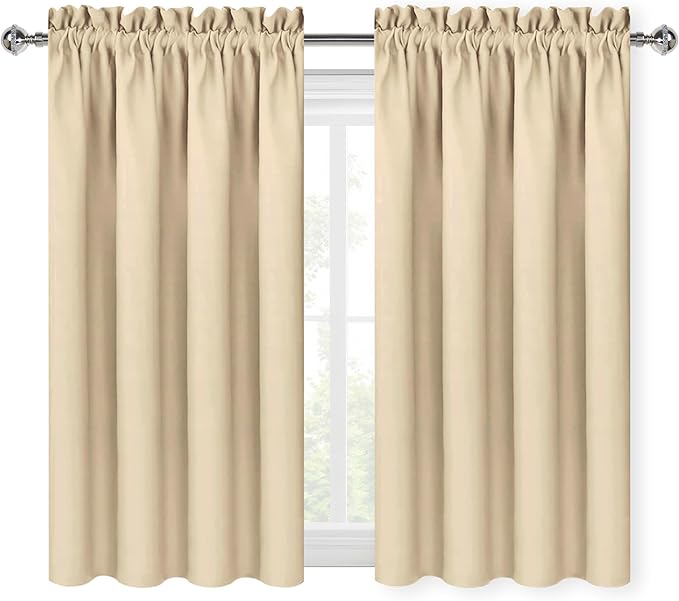 DWCN Beige Blackout Curtains for Bedroom – Rod Pocket Thermal Insulated Energy Saving Drapes for Living Room and Bedroom, W 42 x L 45 Inch, 2 Panels
