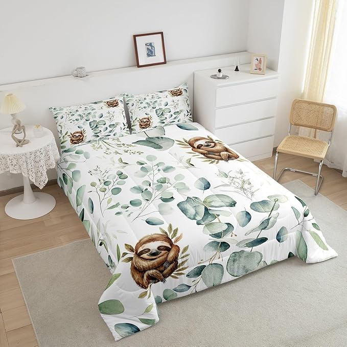Erosebridal Girls Kawaii Animal Bedding Toddler Size Cute Sloth Comforter Set, Cartoon Wildlife Duvet Insert Green Leaf Quilt Comforter, Spring Plant Bedding Comforters & Sets Child Kids Bedroom Decor