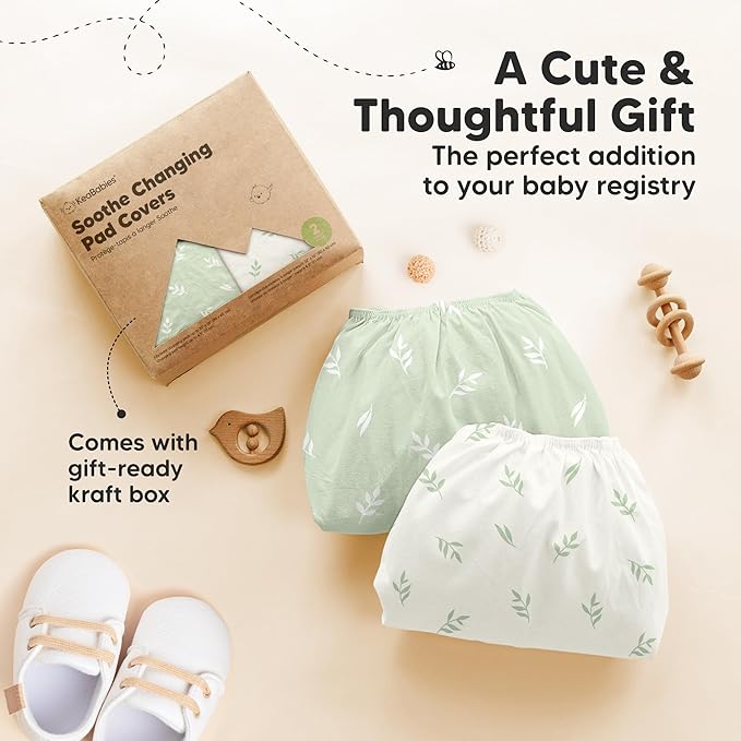 2-Pack Organic Changing Pad Covers for Girl, Boy, Neutral - 100% Cotton Changing Table Pad Cover, Soft Baby Nursery Diaper Changing Pad Sheets, Contour Changing Pads Liners, Change Pad Cover (Herb)