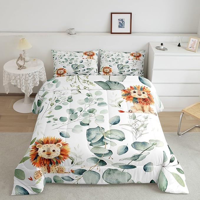 Erosebridal Cute Lion King Size Comforter Set for Kids Child Green Eucalyptus Bedding Set, Woodland Animal Down Comforter Botanical Plant Leaves Bed Set, Cartoon Wildlife Quilted Duvet