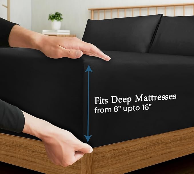 ROYALE LINENS 400 Thread Count 100% American Grown Cotton Fitted Sheet Twin Size - All Around Elastic Fitted Sheet - Luxury Sateen Weave - Snug Fit Bottom Sheet Fit Up to 16 Inch (Twin, Night Black)