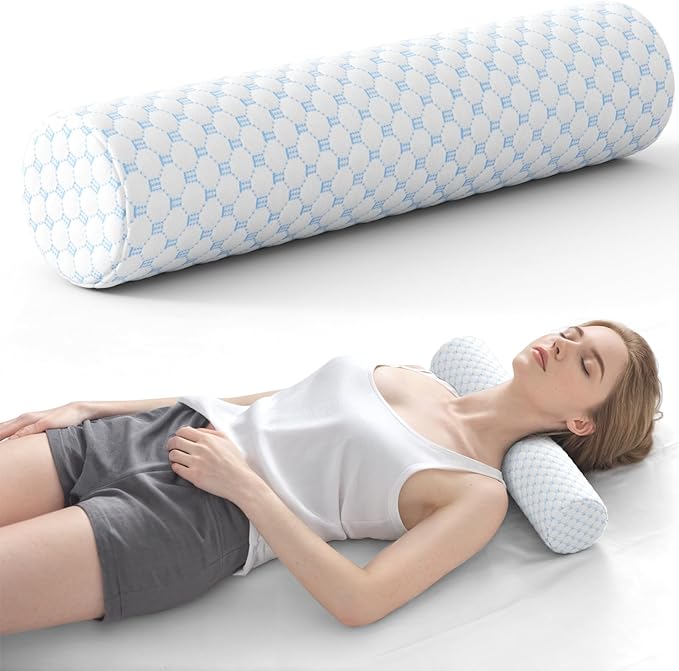 Neck Roll Pillow, Memory Foam Neck Support Pillows, Round Neck Pillows, Cylinder Bolster Pillows for Bed, Couch, and Yoga, Removable Washable Cover,18 * 4.1 * 4.1inch (Cool-Blue)