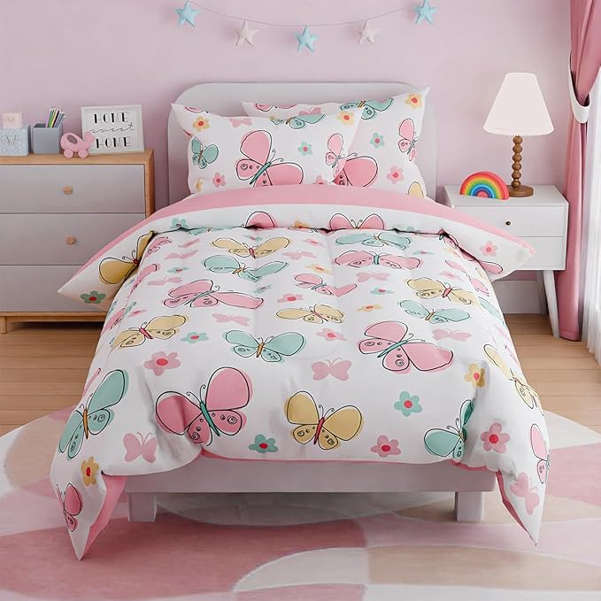 SANDJEST Butterfly Twin Bedding Sets for Girls, Ultra Soft Microfiber Comforter Set with 3-Pieces, Bed Sets for Kid Tween Teen Bedroom Decor