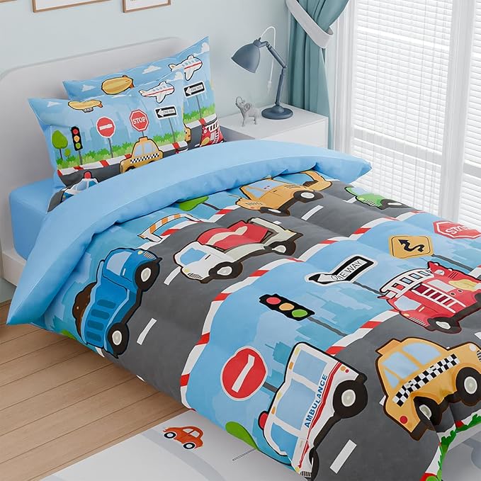 Transportation Kids Bedding Set for Boys, Ultra Soft Microfiber Comforter Set Twin Size with 3-Pieces, Comforters Bed Sets for Boy Children Kids