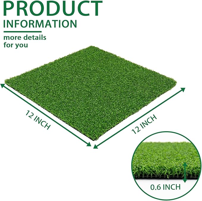 Artificial Turf Tiles 12X12 in,0.6 in Thick,Fake Grass Patch Indoor Outdoor Garden Lawn Patio,Synthetic Turf Mat,Realistic Grass Rug for Dogs Pets Lawn Landscape Squares,Green (12 Packs)
