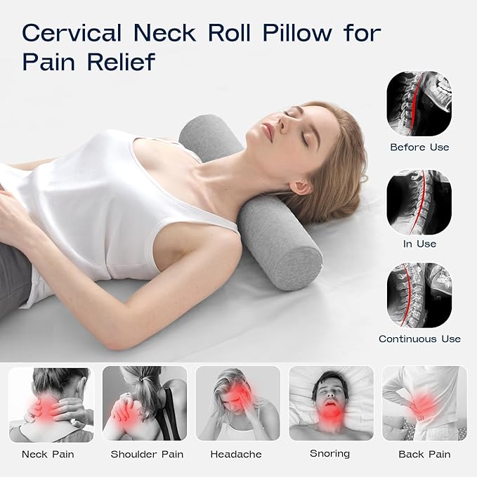 Neck Roll Pillow, Memory Foam Neck Support Pillows, Round Neck Pillows, Cylinder Bolster Pillows for Bed, Couch, and Yoga, Removable Washable Cover,18 * 4 * 4 inch (Small,Grey)