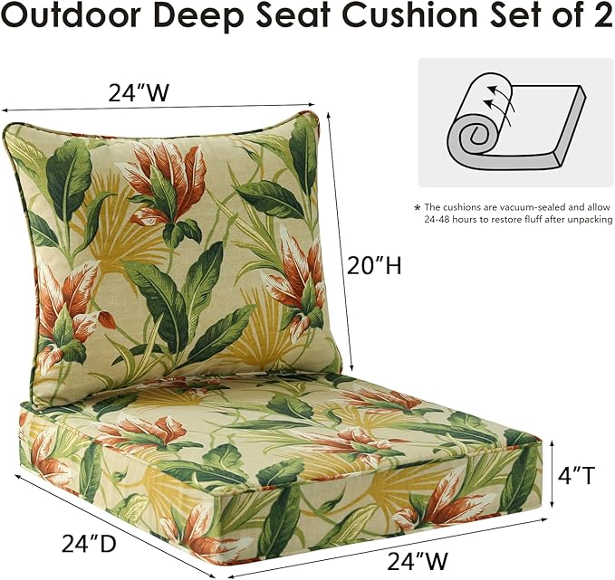 Outdoor Patio Chair Cushions Set, 24" x 24", Set of 2, Water-Repellent, Fade Resistant, Deep Seat Bottom and Back Cushion for Backyard, Couch, Sofa and Patio Furniture, Yellow Flower
