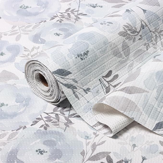 Blue Floral Shelf and Drawer Liner for Kitchen,12IN x 20FT Non-Adhesive and Strong Non-Slip Peony Cabinet Drawer Liners for Kitchen Shelf, Waterproof Cupboard Liners,Easy to Clean