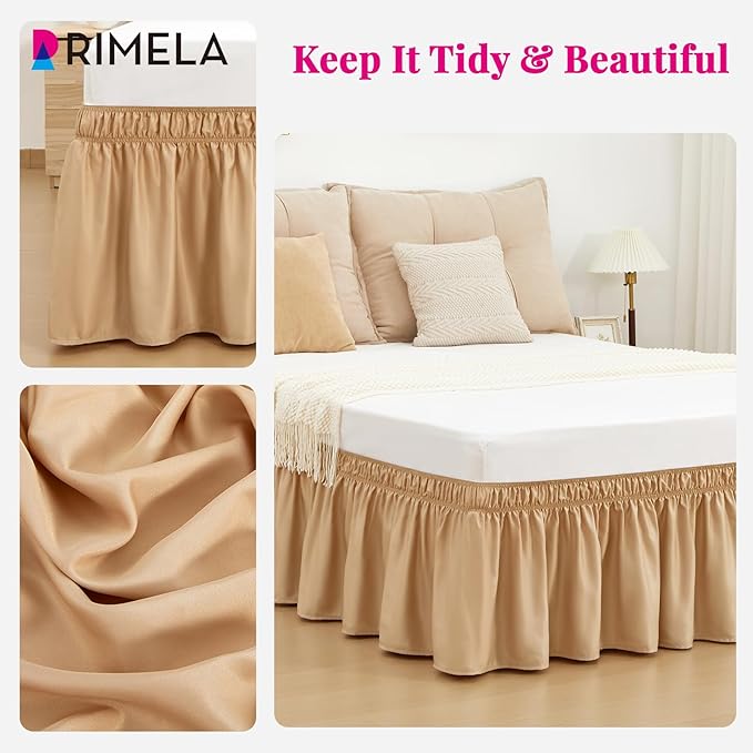 RIMELA Bed Skirt Queen Size Champagne Gold 15 Inch Drop, Wrap Around Elastic Bedskirt, Dust Ruffle for Adjustable Bed Base Soft Durable Fabric Machine Washable Easy to Install Bed Skirts