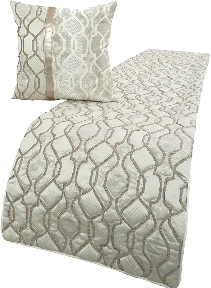 The HomeCentric King/Queen/Twin Ivory & Silver Decorative Twin 53"x18" Bed Runner with 2 Pillow Cover, Lattice & Quilted Bed Scarf on Jacquard Silk Fabric - Ivory Delicacy