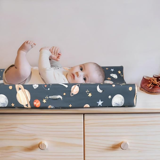 GRSSDER Stretch Ultra Soft Jersey Knit Changing Pad Cover Set 2 Pack, Change Table Pad Covers Fit 32"/34" x 16" Pads Safe and Snug, Space Print for Boys and Girls