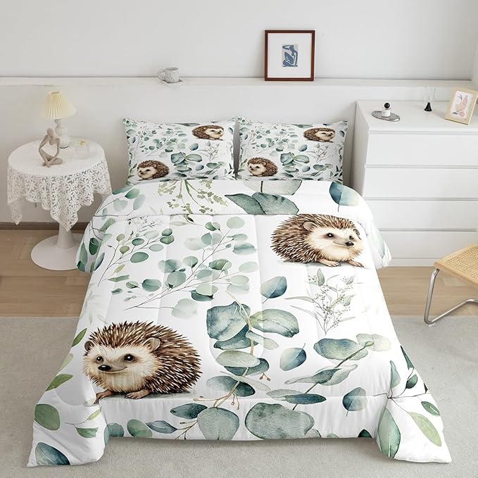 Erosebridal Cute Hedgehog Full Bedding Sets for Kids Child Green Eucalyptus Comforter Set, Woodland Animal Bedding Comforter Sets Botanical Plant Leaves Duvet Insert, Cartoon Wildlife Down Comforter