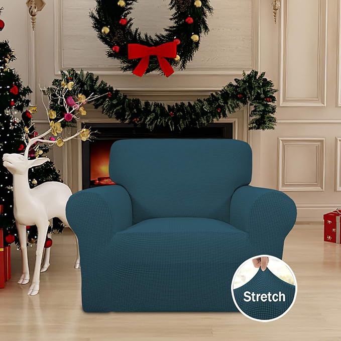 Easy-Going Stretch Chair Sofa Slipcover 1-Piece Couch Sofa Cover Furniture Protector Soft with Elastic Bottom for Kids, Pet. Spandex Jacquard Fabric Small Checks (Chair, Deep Teal)