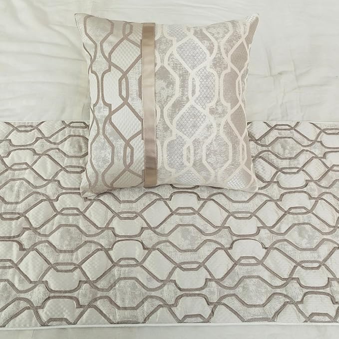 The HomeCentric King/Queen/Twin Ivory & Silver Decorative CA King 86"x18" Bed Runner with 2 Pillow Cover, Lattice & Quilted Bed Scarf on Jacquard Silk Fabric - Ivory Delicacy