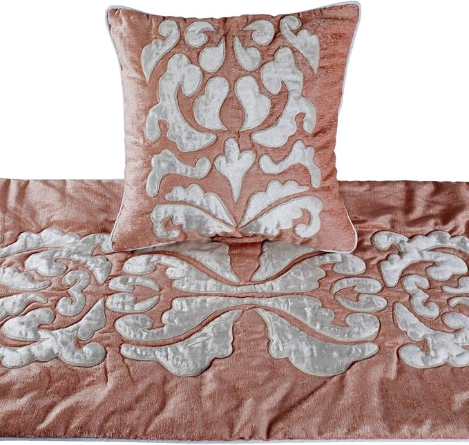 The HomeCentric Decorative Peach & Ivory Twin 53 x 18 inch Bed Runner with Pillow Cover Set, Velvet Applique Bed Scarf, Abstract Modern - Peach Elegance