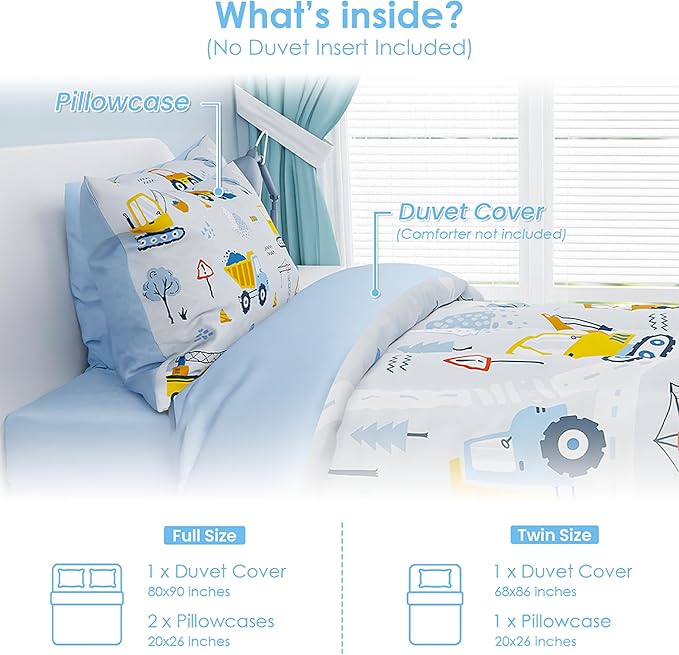 SANDJEST Construction Duvet Cover Sets Twin Size for Kids Boys, Include 1 Polyester Comforter Cover 68x86 Inches and 1 Pillowcase 20x26 Inches, Comforter Not Included, Gift for Christmas Birthday