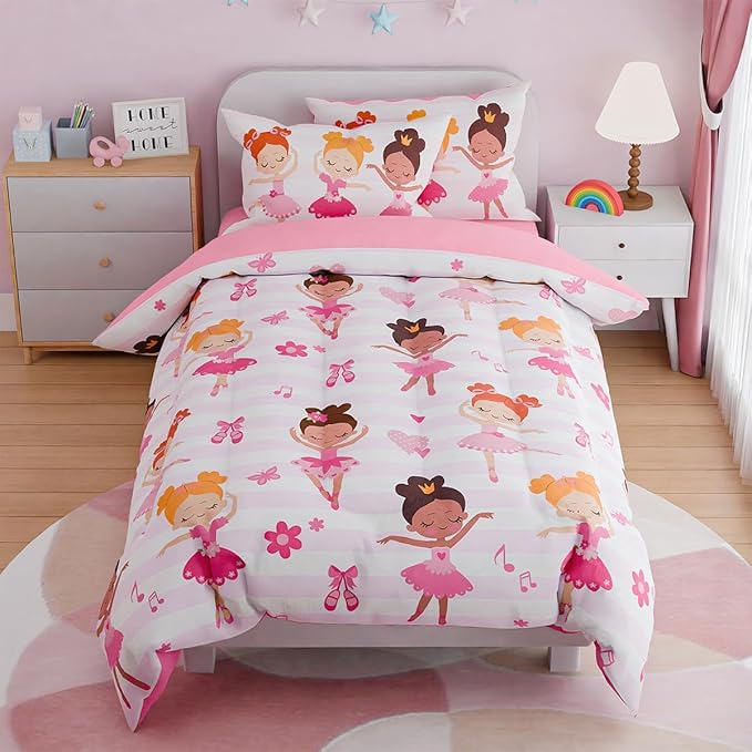 SANDJEST Ballet Full Bedding Sets for Girls, Ultra Soft Microfiber Comforter Set with 4-Pieces, Comforters Kids Bed Set for Children Teen Tween Bedroom Decor