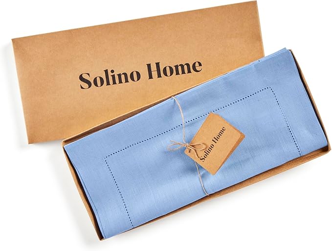 Solino Home Linen Cornflower Blue Hemstitch Table Runner 48 Inches - 100% Pure Linen Table Runner 14 x 48 Inch Ideal for Dresser and Coffee Tables - Classic Hemstitch - Christmas, Holiday, New Year