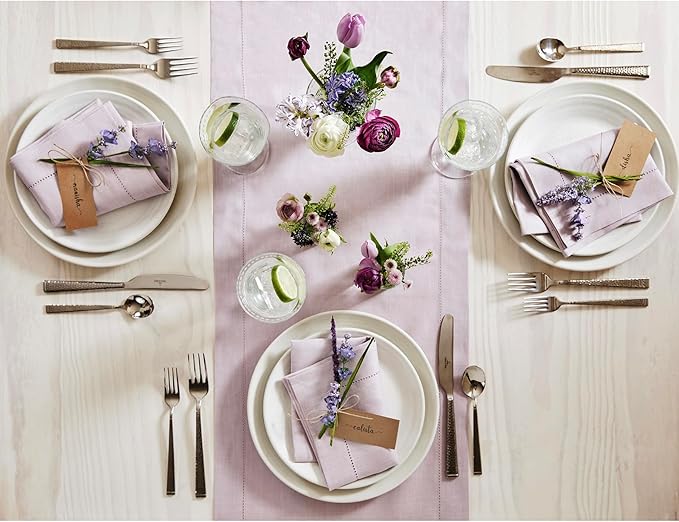 Solino Home Linen Lilac Table Runner 156 Inches Long - 100% Pure Linen Extra Long Table Runner 14 x 156 Inch for Christmas, New Year - Classic Hemstitch