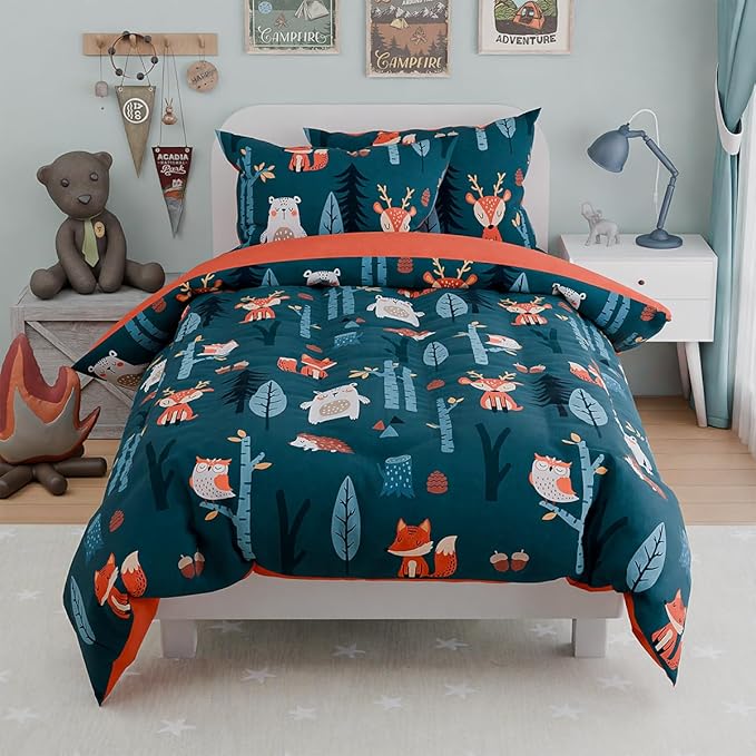 Woodland Animal Kids Bedding Set for Boys, Ultra Soft Microfiber Comforter Set Twin Size 3-Pieces, Comforters Bed Sets for Kid Tween Teen Bedroom Decor