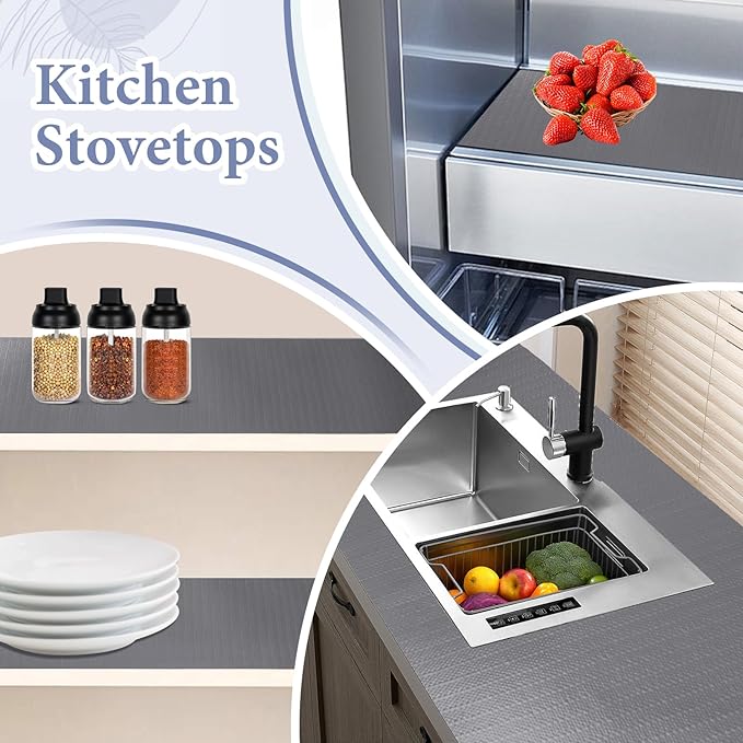 Drawer and Shelf Liner for Kitchen Cabinet: 23in X 90 Ft Non Slip Waterproof Shelf Paper Non Adhesive Refrigerator Liners Gray Easy Liners for Bathroom Cupboard with Knife Tape Measure