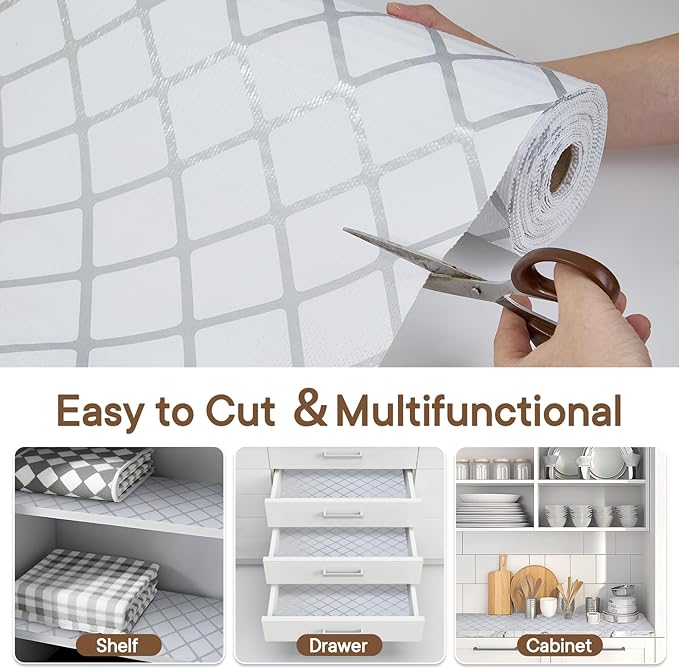 Shelf and Drawer Liner for Kitchen Cabinets Non-Adhesive, Strong Grip Non-Slip Thickened Cabinet Liners for Shelves, Waterproof Mats for Dresser Cupboard, Silver Stripe, 12 in x 10 Feet