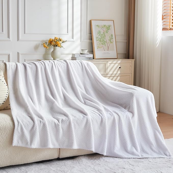 NEWCOSPLAY Super Soft Throw Blanket White Premium Silky Flannel Fleece Leaves Pattern Lightweight Bed Blanket All Season Use (White, Throw(50"x60"))