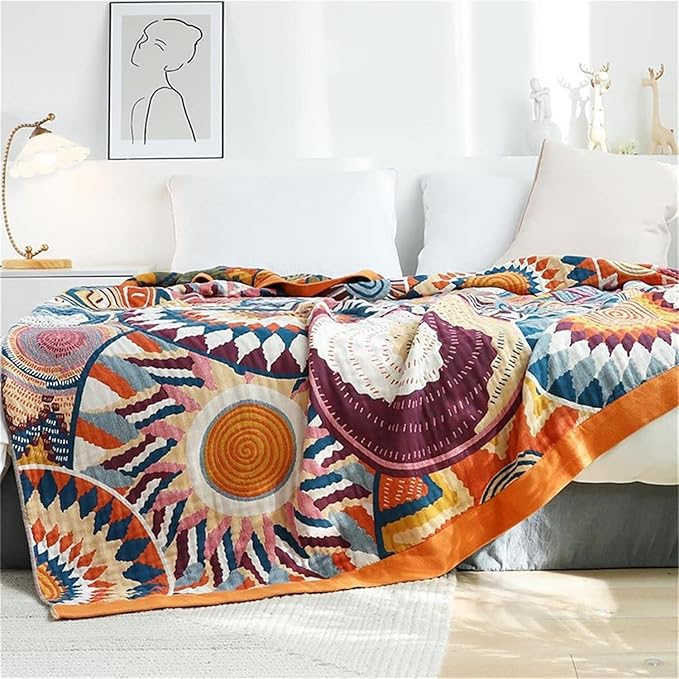 MSGKV Boho Throw Blanket for Bed 60"x80" 100% Cotton Couch Twin Size Blanket Breathable Lightweigh Blankets Home Decor Muslin All Seasons