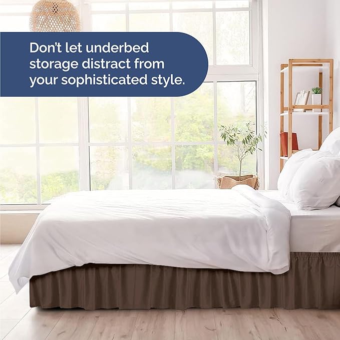 Wrap Around Dust Ruffle Bed Skirt - Brown - Twin/Twin XL Size Beds with 12 Inch Drop - Easy Fit Elastic Strap - Adjustable Pleated Bedskirt w/Brushed Fabric - Wrinkle Free - Women, Men, Kids & Teens