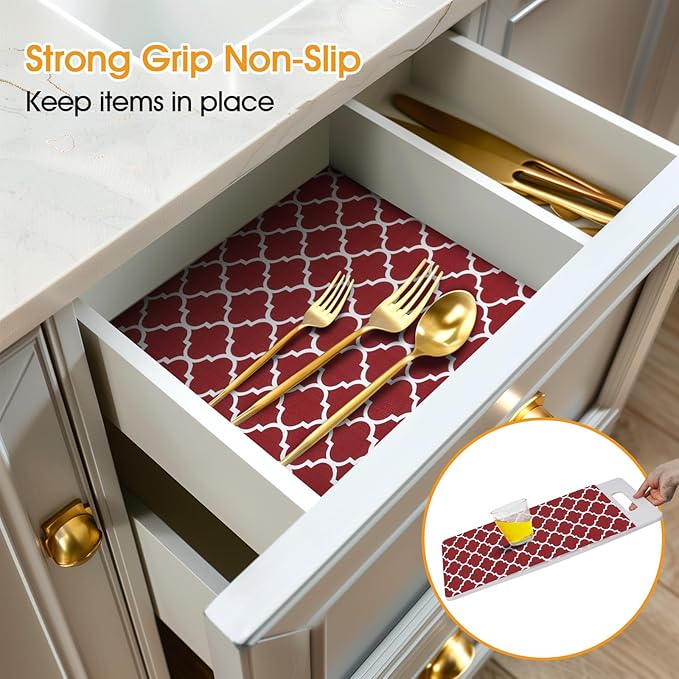 Shelf and Drawer Liner for Kitchen Cabinets Non-Adhesive, Strong Grip Non-Slip Thickened Cabinet Liners for Shelves, Waterproof Mats for Dresser Cupboard, Red/White, 23 in x 20 Feet